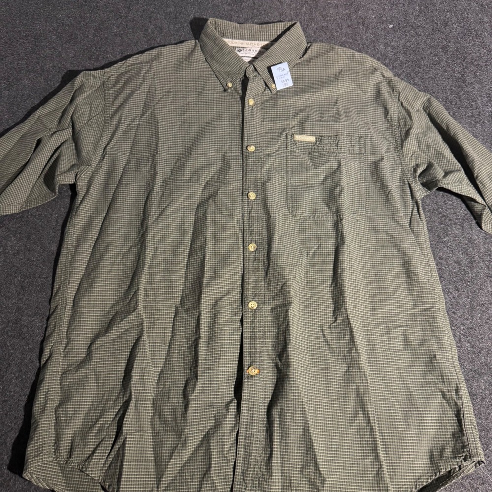Columbia Mens Long Sleeve Button Down Shirt Green Micro Check Outdoor Large